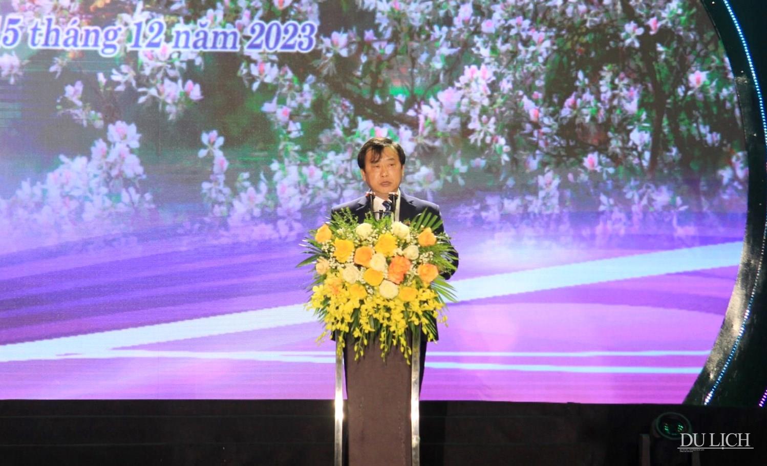 Phó Chủ tịch UBND tỉnh Điện Biên Vừ A Bằng phát biểu Khai mạc Tuần Văn hóa Du lịch Điện Biên tại TP. Hà Nội năm 2023
